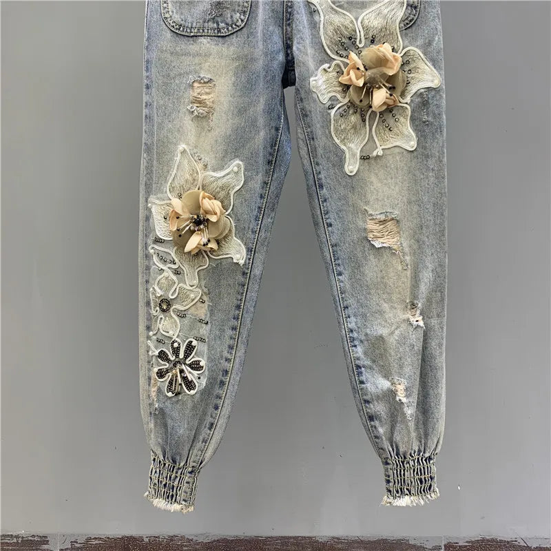 Spring 2023 New Heavy Industry Beads Three-Dimensional Flower Suspender Denim Jeans Casual Romper Skinny Jeans Jumpsuit Women