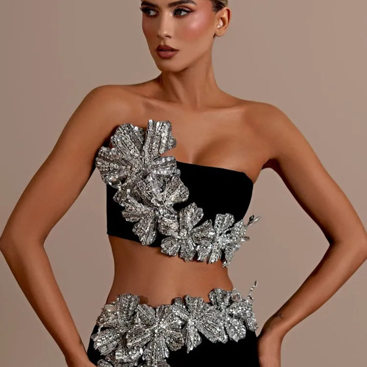 Women Sexy Strapless Flower Diamonds Crystal Black Maxi Long Bandage Skirt Set Knitted Elegant Evening Club Party Clothing