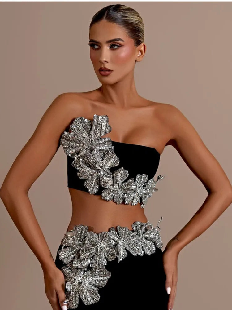 Women Sexy Strapless Flower Diamonds Crystal Black Maxi Long Bandage Skirt Set Knitted Elegant Evening Club Party Clothing