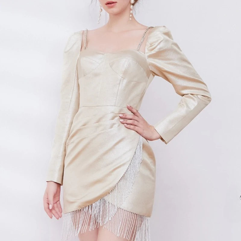 Solid Slimming Spliced Tassels Elegant Dresses for Women Square Neck Long Sleeves Patchwork Folds Dress Female New