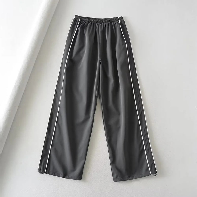 Women Casual Joggers Tech Pants Vintage Solid Low Waist Drawstring Baggy Trousers Y2K Wide Leg Sweatpants Streetwear Cargo Pants EA07732-Dark grey