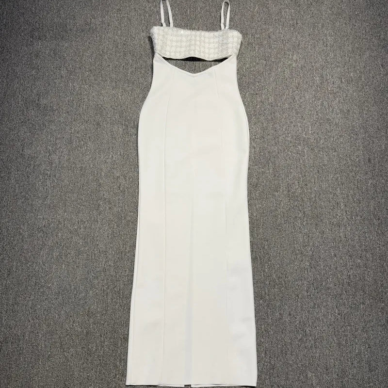 Women Sleeveless Sexy Strap Shinning Rhinestones Bodycon Long Bandage Dress Celebrate Nightclub Party Birthday Wear