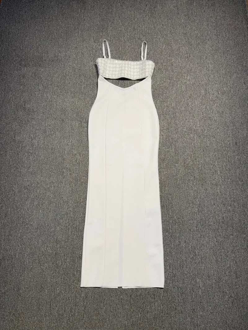 Women Sleeveless Sexy Strap Shinning Rhinestones Bodycon Long Bandage Dress Celebrate Nightclub Party Birthday Wear