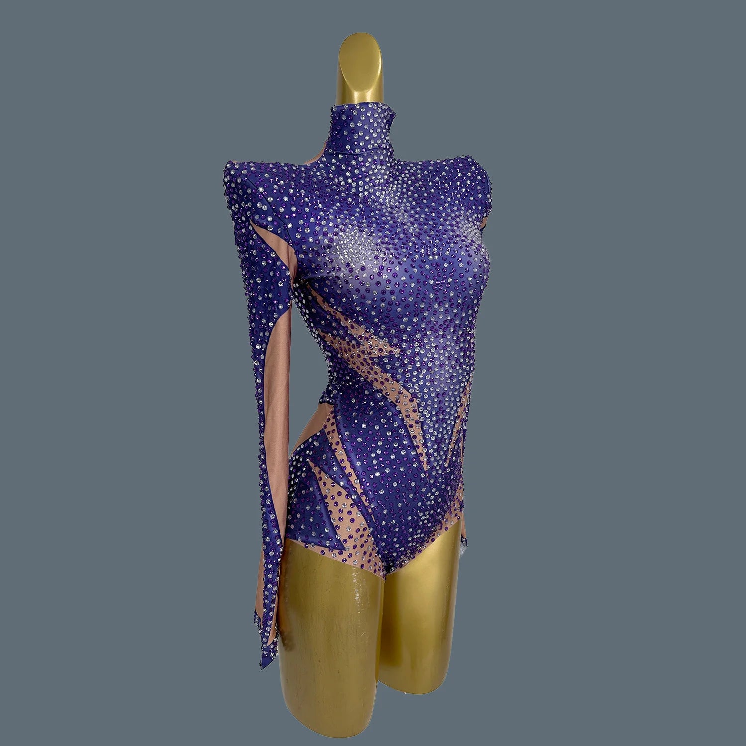 Fancy Rhinestone Purple Bodysuit Party Bar Show Perfprmance Costume Sensual Curves Shine Bodysuit Black Girls Club Wear Shandian