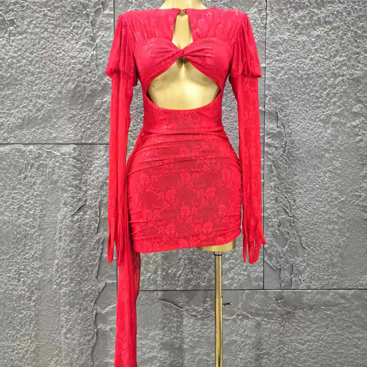 Red Color Christmas Style Women Long Sleeve Sexy Keyholes Bodycon Mini Dress Nightclub Party Celebrate Wedding Outfit Red