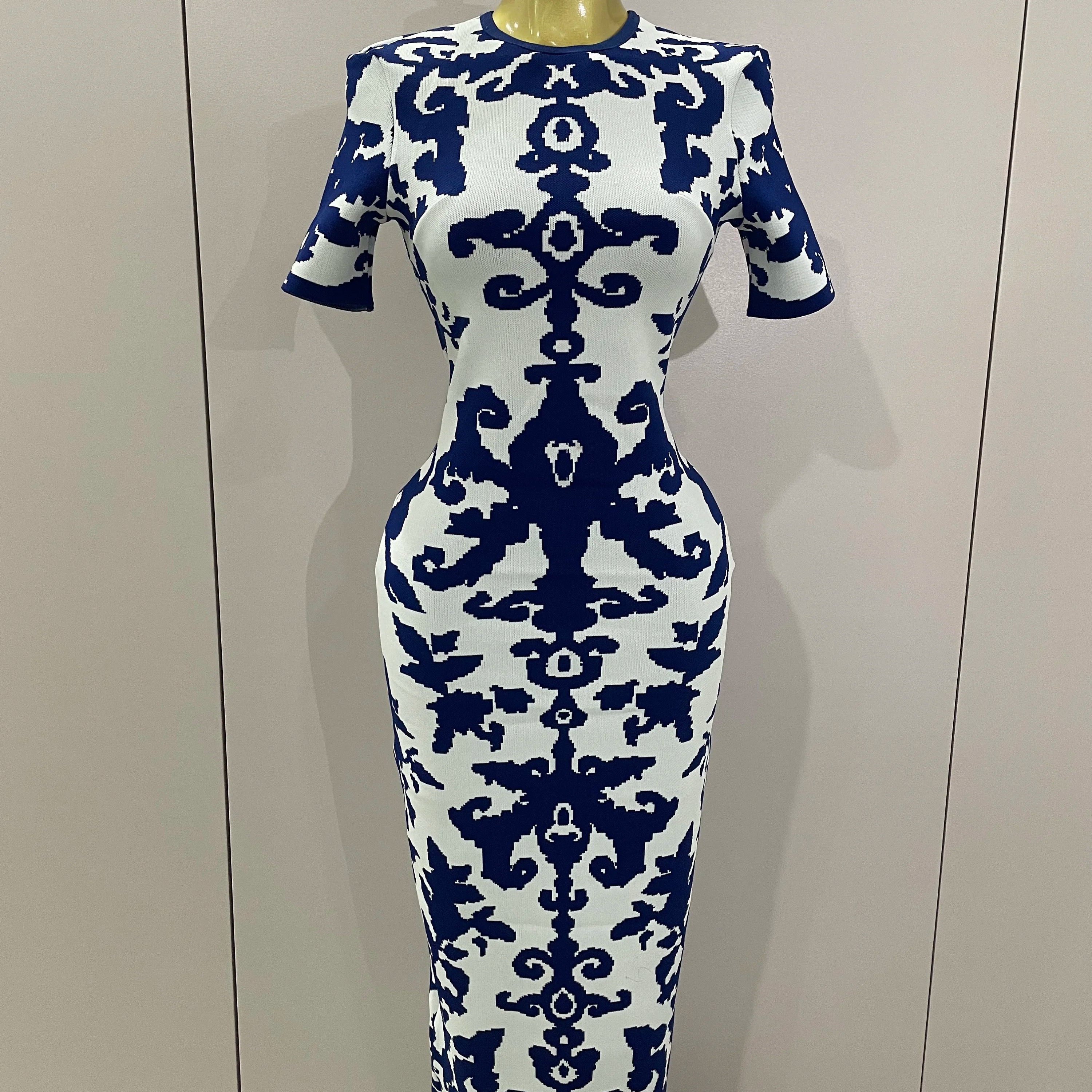 2025 New Sexy Short Sleeve Jacquard Blue Bandage Bodycon Long Dress Women Celebrity Elegant Evening Club Party Luxury Dresses Blue