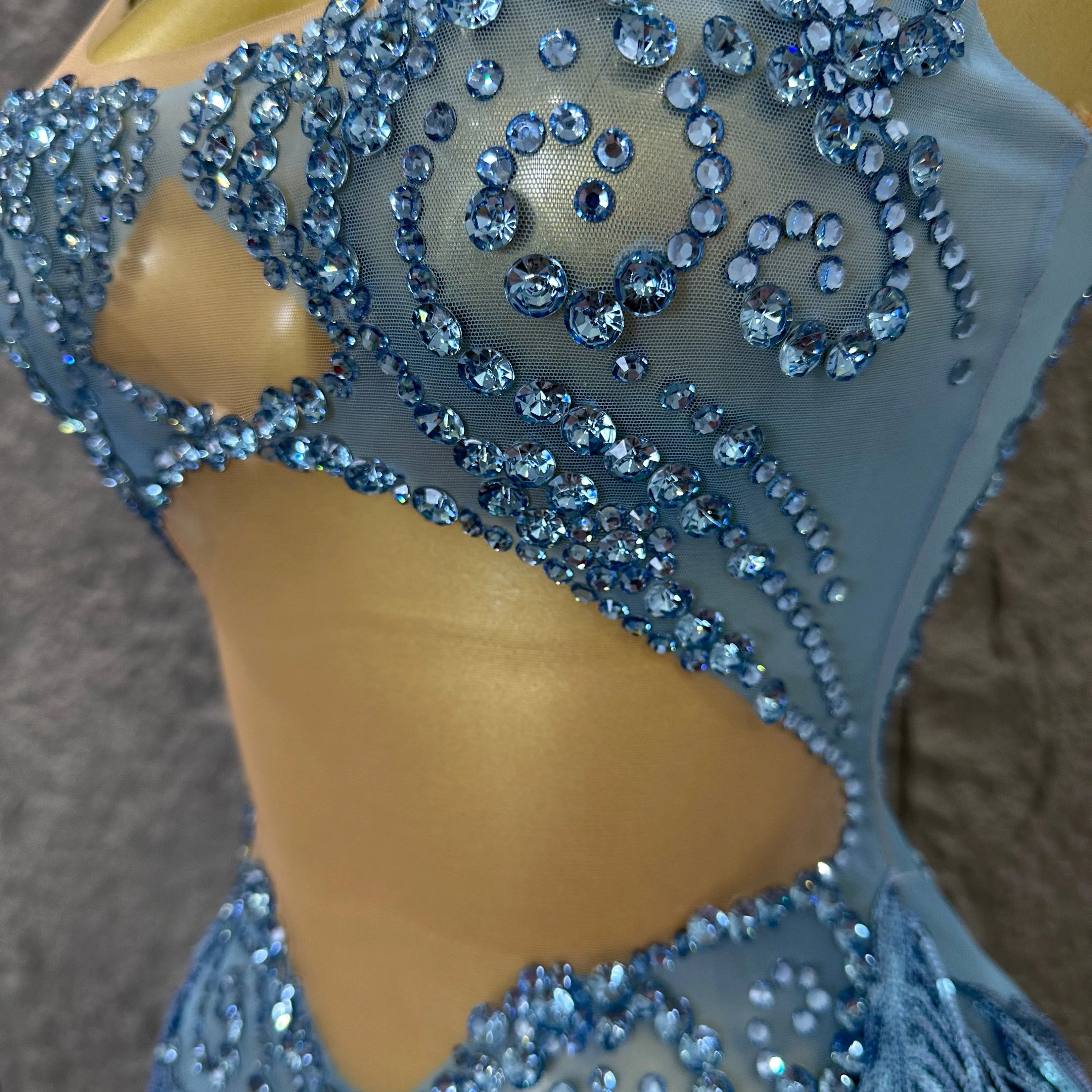 Refined Blue Spaghetti Strap Mini Dress Women Sheer Mesh Rhinestone Fringe Embellished Latin Dance Performance Costume