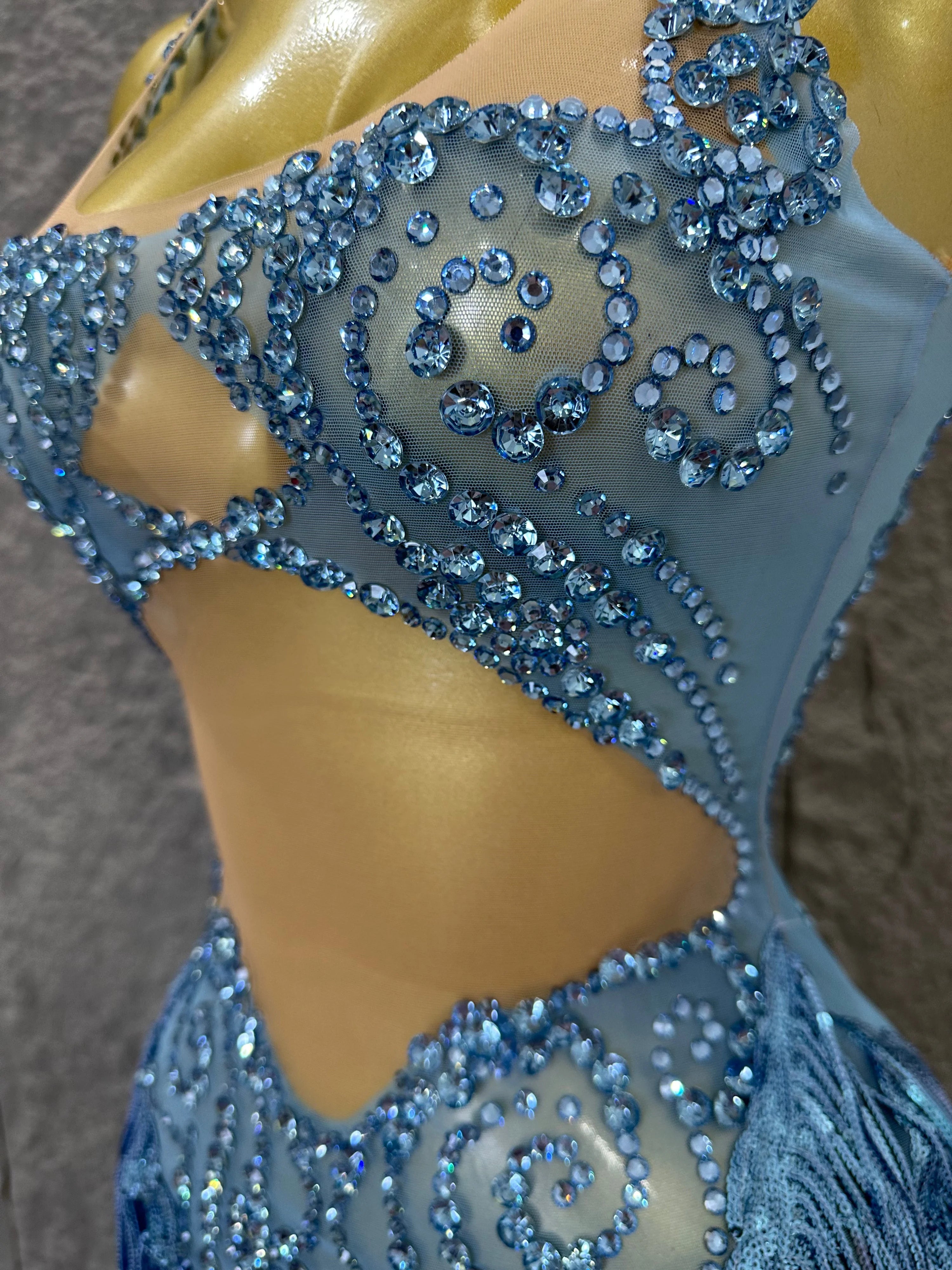 Refined Blue Spaghetti Strap Mini Dress Women Sheer Mesh Rhinestone Fringe Embellished Latin Dance Performance Costume
