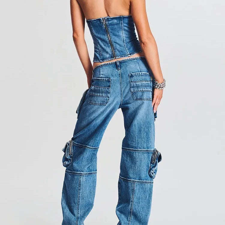 Denim Vintage Two Piece Sets For Women Strapless Sleeveless Tops High Waist Spliced Pockets Pant Casual Set Female