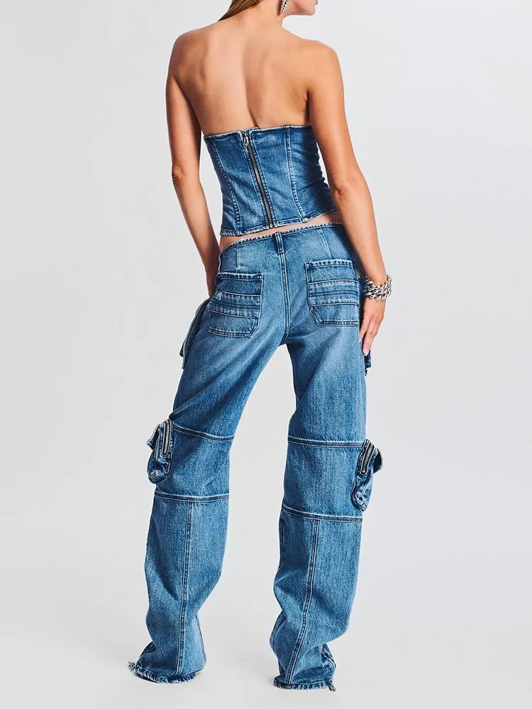 Denim Vintage Two Piece Sets For Women Strapless Sleeveless Tops High Waist Spliced Pockets Pant Casual Set Female