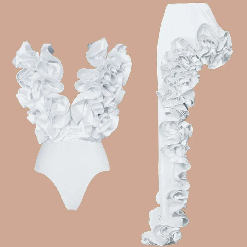 Women Sets Streetwear 2 Two-piece Suits Sexy Beach Holiday Ruffles Asymmetrical V-neck Bodysuit+Long Skirts Bikinis Sets WHITE