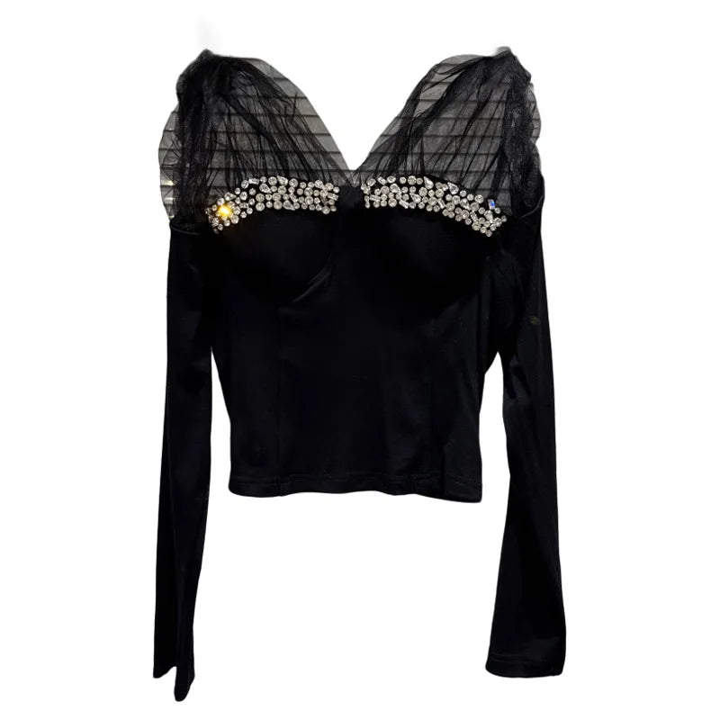 Winter New Fashion Mesh Patchwork Rhinestone Beaded Chest Pad T-Shirt For Women Slim Fit Short Tops Female 11A07772