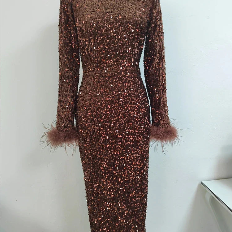 New Women O Neck Long Sleeve Luxury Sequin Feather Midi Dress Elegant Celebrity White Sequinned Bodycon Dress Evening Party Club Brown