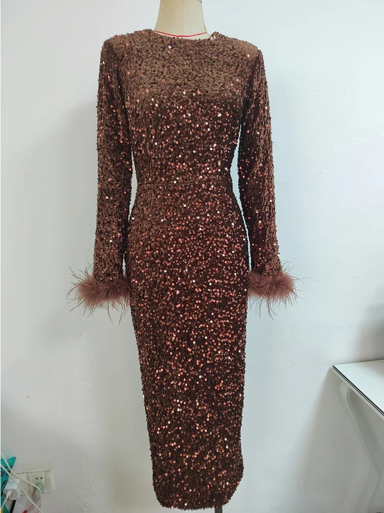New Women O Neck Long Sleeve Luxury Sequin Feather Midi Dress Elegant Celebrity White Sequinned Bodycon Dress Evening Party Club Brown