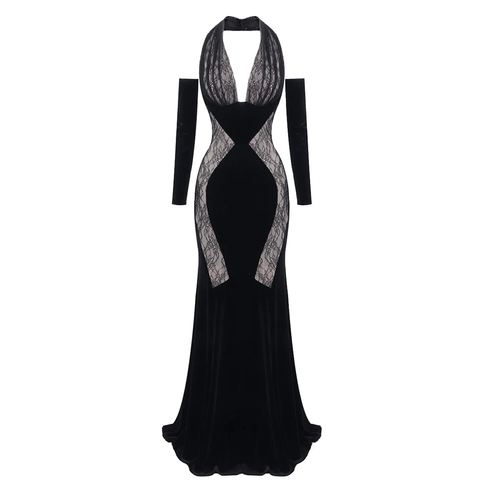 Black Mesh Patchwork Halter Long Dress For Women Long Sleeves Lace Embroidery Mermaid Bodycon Party Evening Gown black