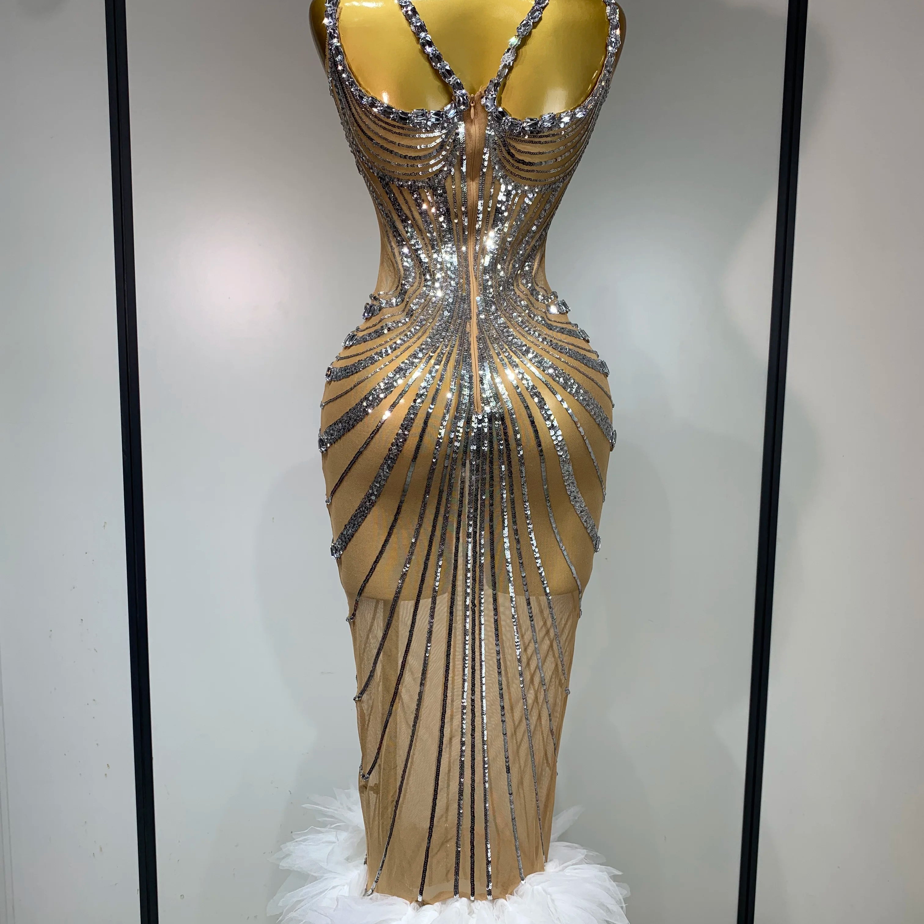 Sexy Silver Rhinestone White Mesh See Through Long Dress Women Luxury Birthday Party Prom Gown Singer Nightclub Stage Outfit