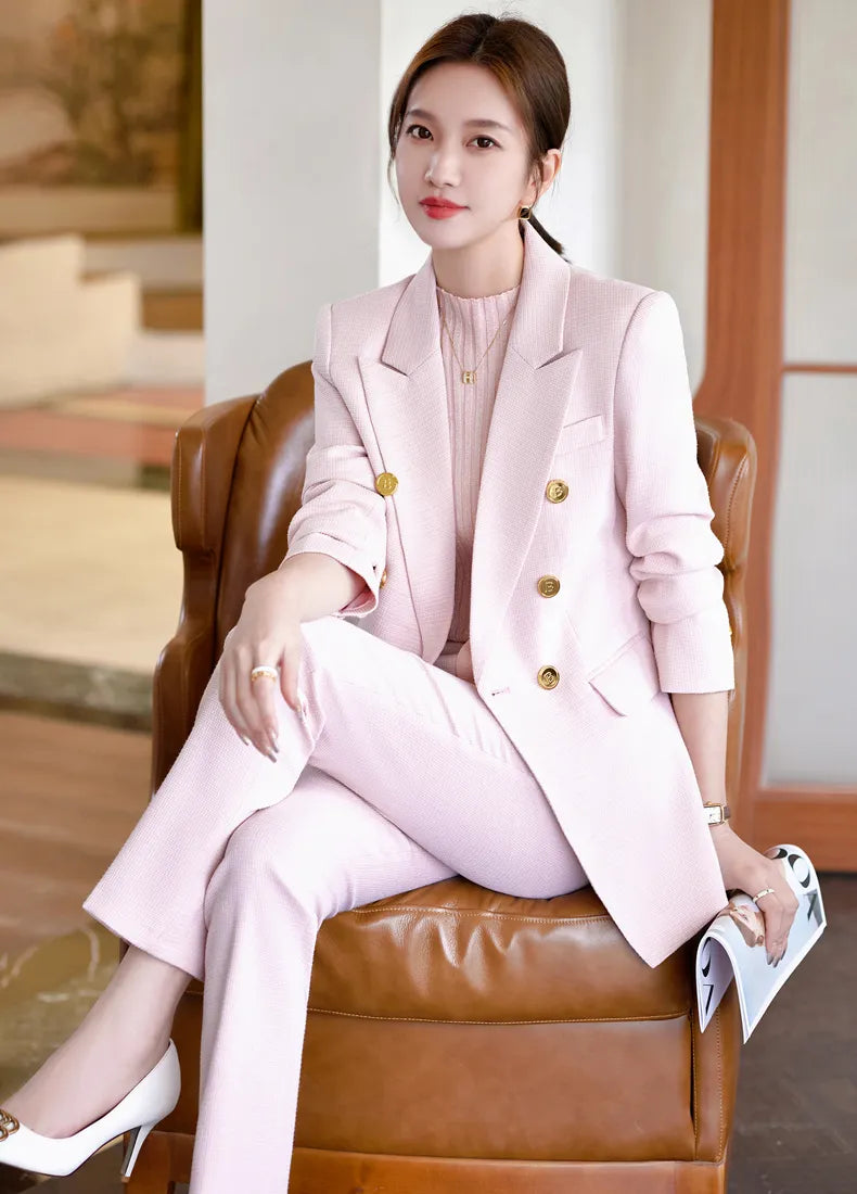 Autumn Winter Formal Ladies Fashion Blazer Women Business Suits with Sets Work Wear Office Casual Pants Jacket Suit pink blazer pants