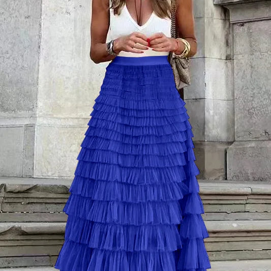 Casual Womens Solid Ball Gown Long Skirt Tulle High Waist Pleated Tutu Skirt Elegant Ladies Wild Mesh Dating Maxi Skirts Drop Blue
