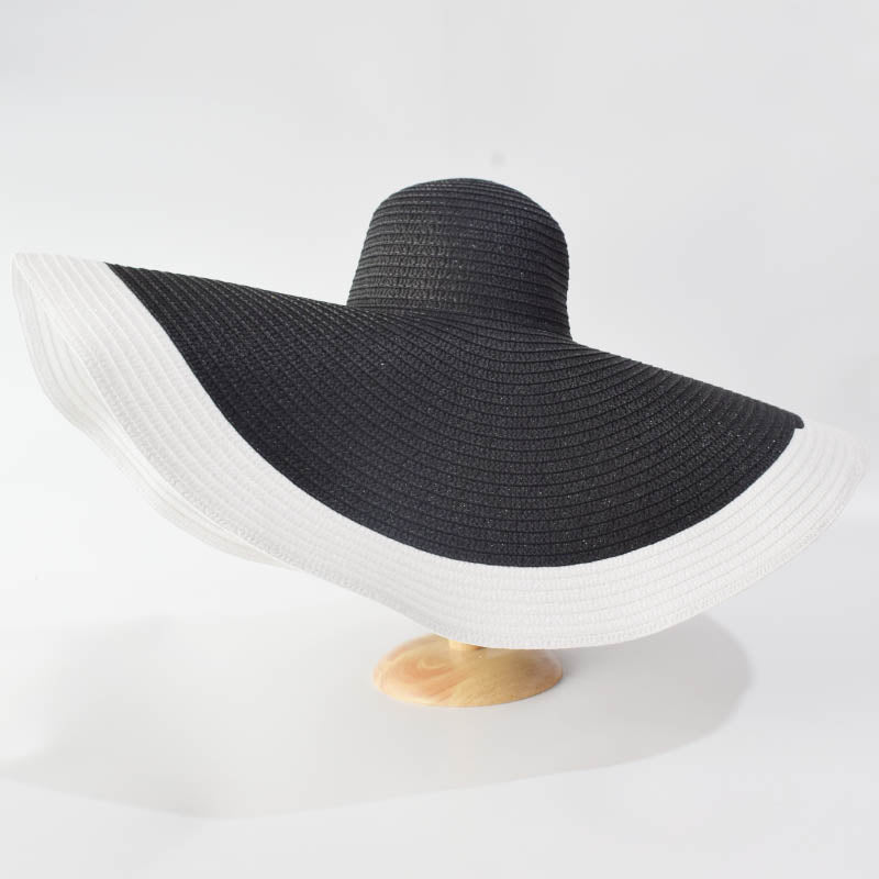 Summer 70cm Large Wide Brim Sun Hats For Women Oversized Beach Hat Foldable Travel Straw Hat Lady UV Protection Sun Shade Hat black white 54-57cm