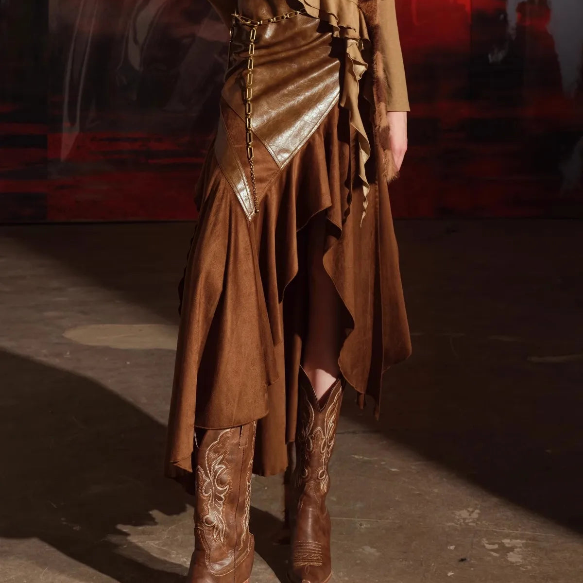 Lautaro Spring Autumn Soft Brown Patchwork Pu Leather Midi Asymmetrical Skirt Women High Waist Long Luxury Designer Clothes 2025 Brown