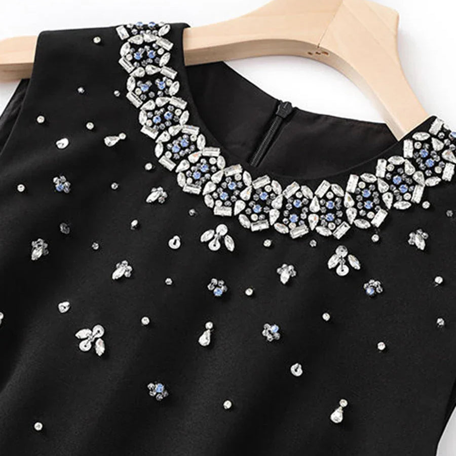 Solid Slimming Spliced Bead Luxurious Mini Dresses for Women Round Neck Sleeveless Temperament Dress Female Fashion