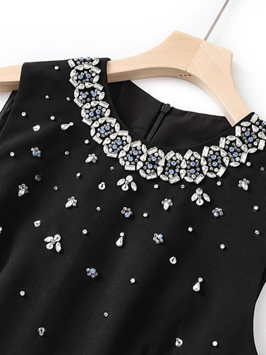 Solid Slimming Spliced Bead Luxurious Mini Dresses for Women Round Neck Sleeveless Temperament Dress Female Fashion