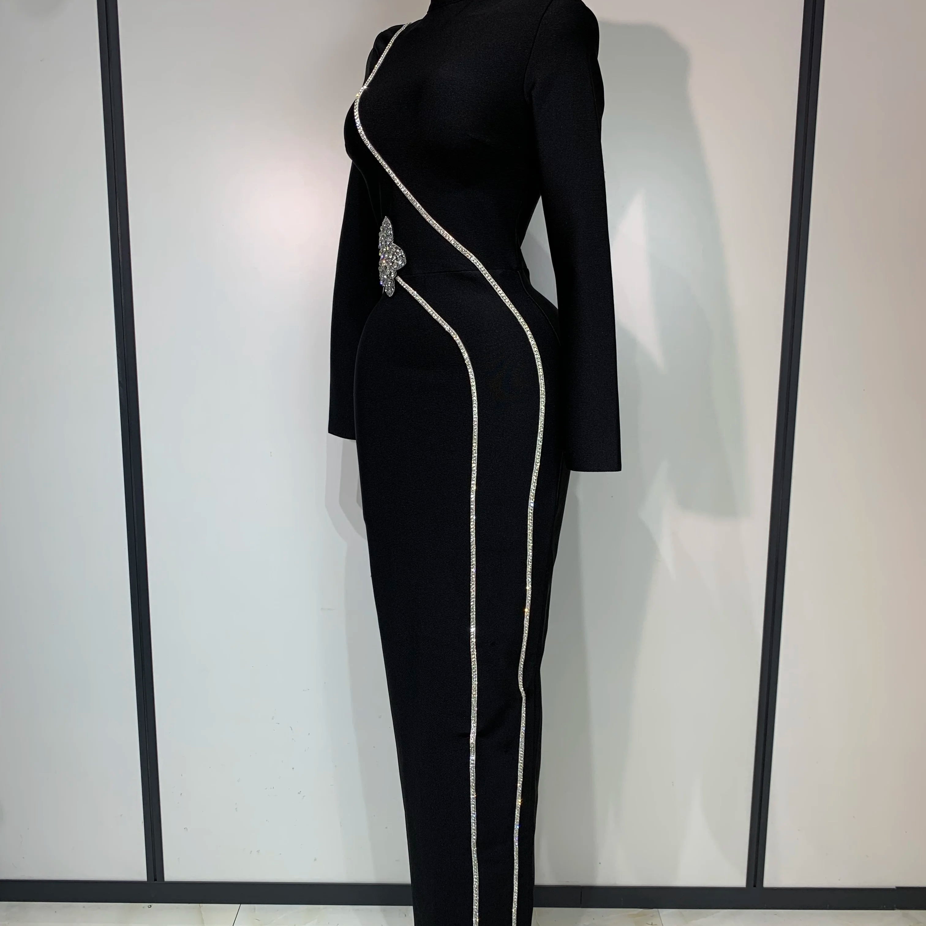 2025 Newest Fashion Designer Party Dress Women's Formal Long Sleeve Diamonds Bodycon Bandage Dress Elegant Luxury Birthday Gown
