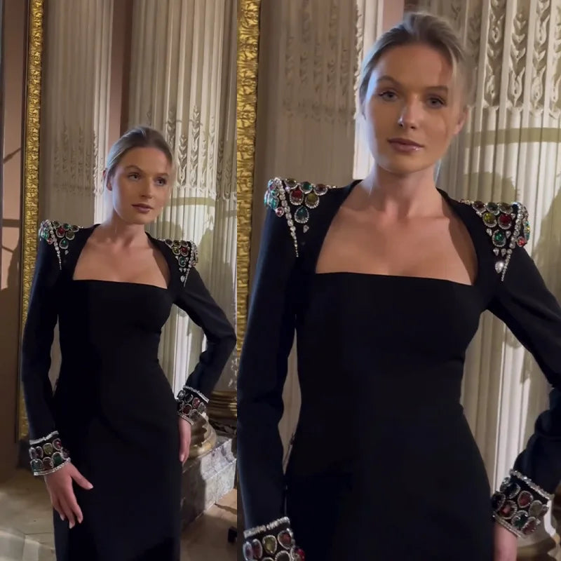 Luxury Colorful Diamonds Sexy Square Collar Black Bandage Dress Fashion Woman Evening dress Celebrity Cocktail Party Outfit