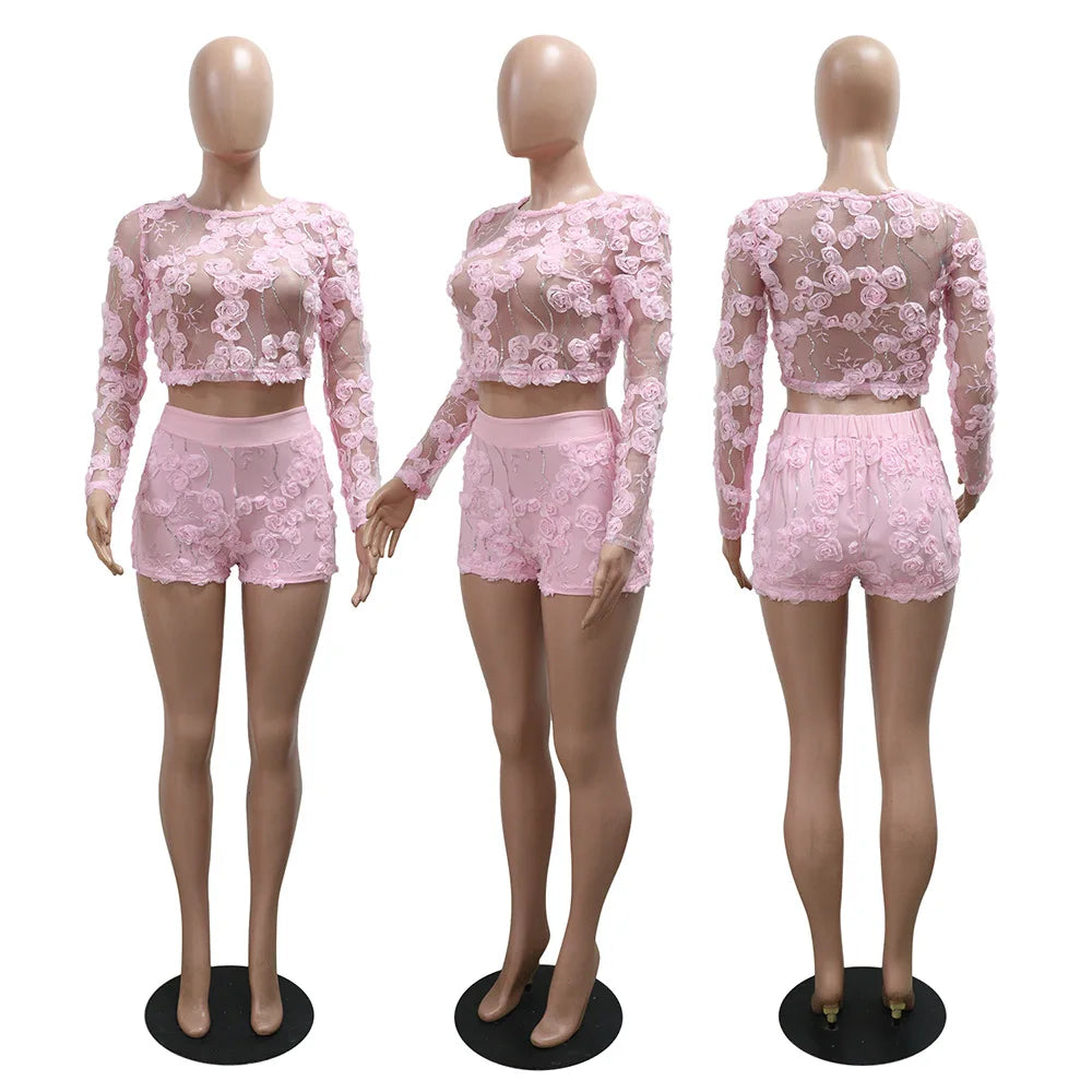 3D Flower Women's Set Mesh See Through Long Sleeve Top and Shorts Suits 2025 Sweet Party Girl Two 2 Piece Sets Outfits