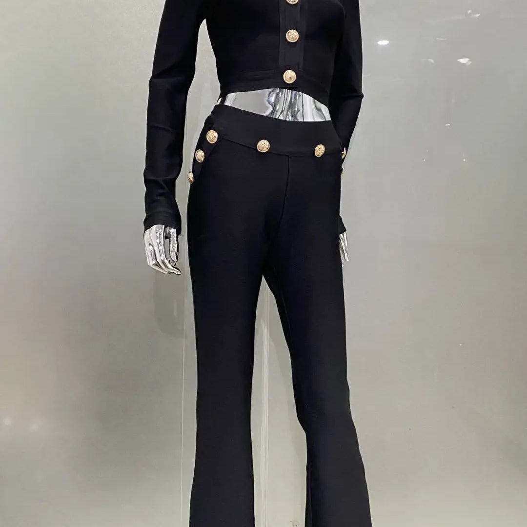 Bandage Expose Waist Woman Set Fashion Golden Buttons Short Coat Top And Flare Pants 2 Pieces High Street Wear