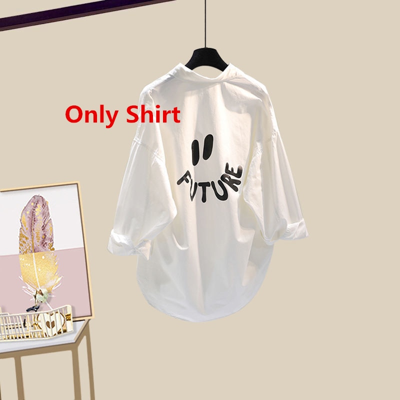 Women Spring Summer Fashion Suit Letter White Shirts Chain Vest Denim Wide Leg Pants 3 Piece Set Lady Casual Streetwear Outfits Only Shirt