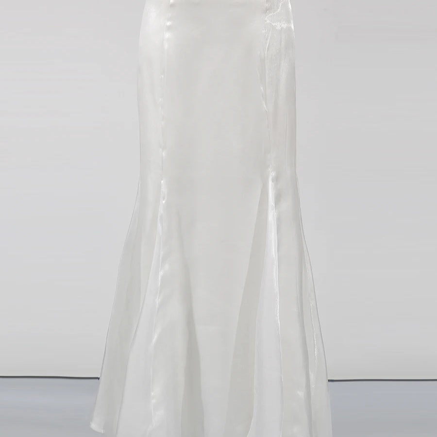 Spliced Petal Two Piece Sets for Women V Neck Long Sleeve Patchwork Lace Up Top High Wasit Skirt Elegant Set Female WHITESKIRT