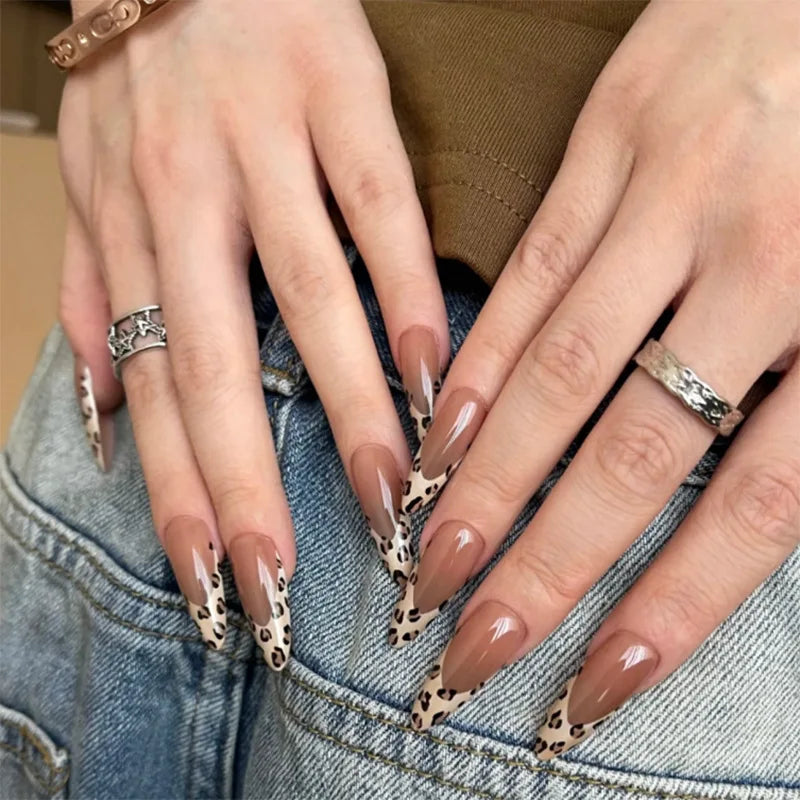 24Pcs Almond French Press on Fake Nails with Pearl Bow Design Wearable Leopard Print Pattern Nail Art Tips Long False Nails Set 4035