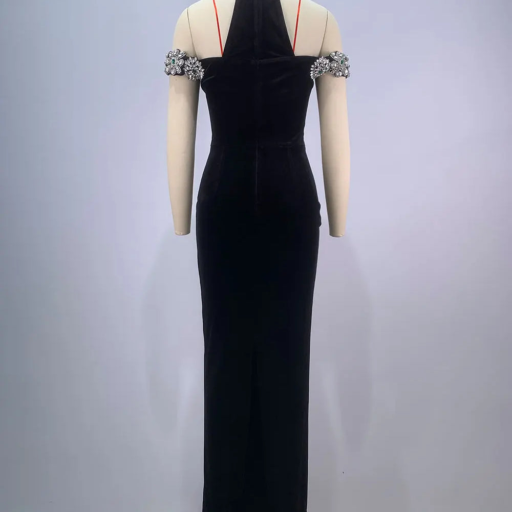 2024 Sexy Women's Heavy Industry Diamond Adorned Velvet Dress with Hanging Neck Shoulder Bodycon Transparent Gaul Gloves+Dresses