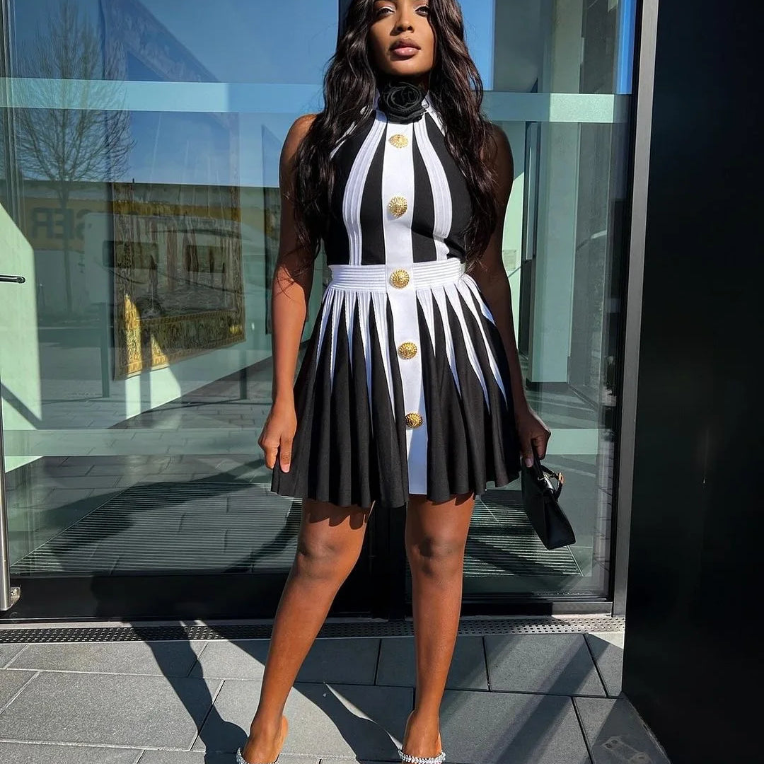 2024 New Summer Women Sexy Halter Off the Shoulder A-Line Mini Dress Bandage Fashion Button Birthday Party Evening Dress Vestido