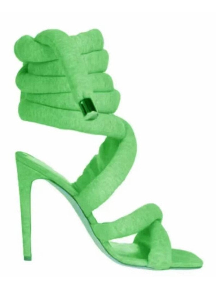 Summer New Square Head Slim High Heel Sandals Wrapped Around The Feet Fashion Show Dress 43 Large Women's Sandals green
