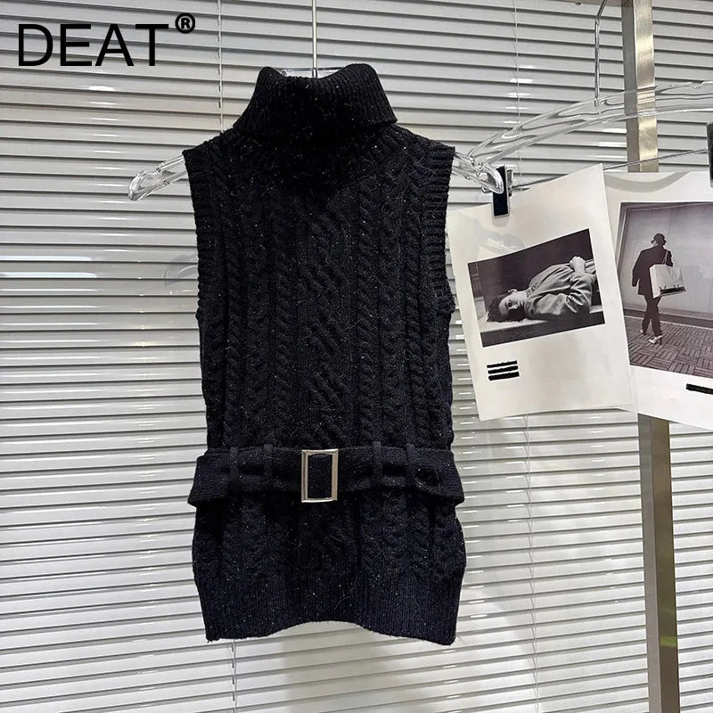 Winter New Fashionable Elegant Jacquard Knitted High Neck Vest With Belt Vest For Women Solid Color Tank Top 11A07949