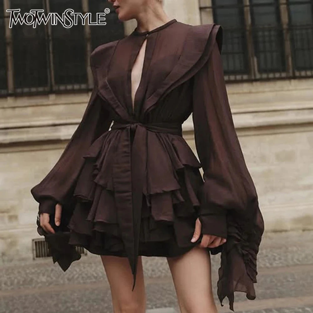 Slimming Spliced Ruffles Folds Dresses for Women Round Neck Long Sleeves Patchwork Button Dress Female Fashion New