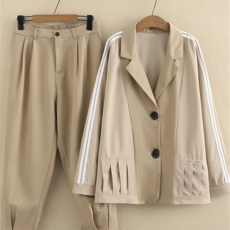 Plus Size Women's Suit Suit Collar Lapel Casual Jacket Elastic Waist Side White Strip Stitched Casual Suit Trousers Combination