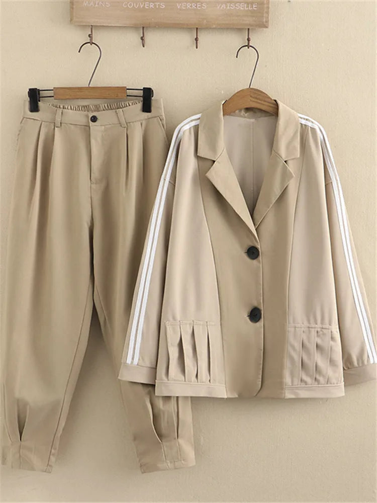 Plus Size Women's Suit Suit Collar Lapel Casual Jacket Elastic Waist Side White Strip Stitched Casual Suit Trousers Combination