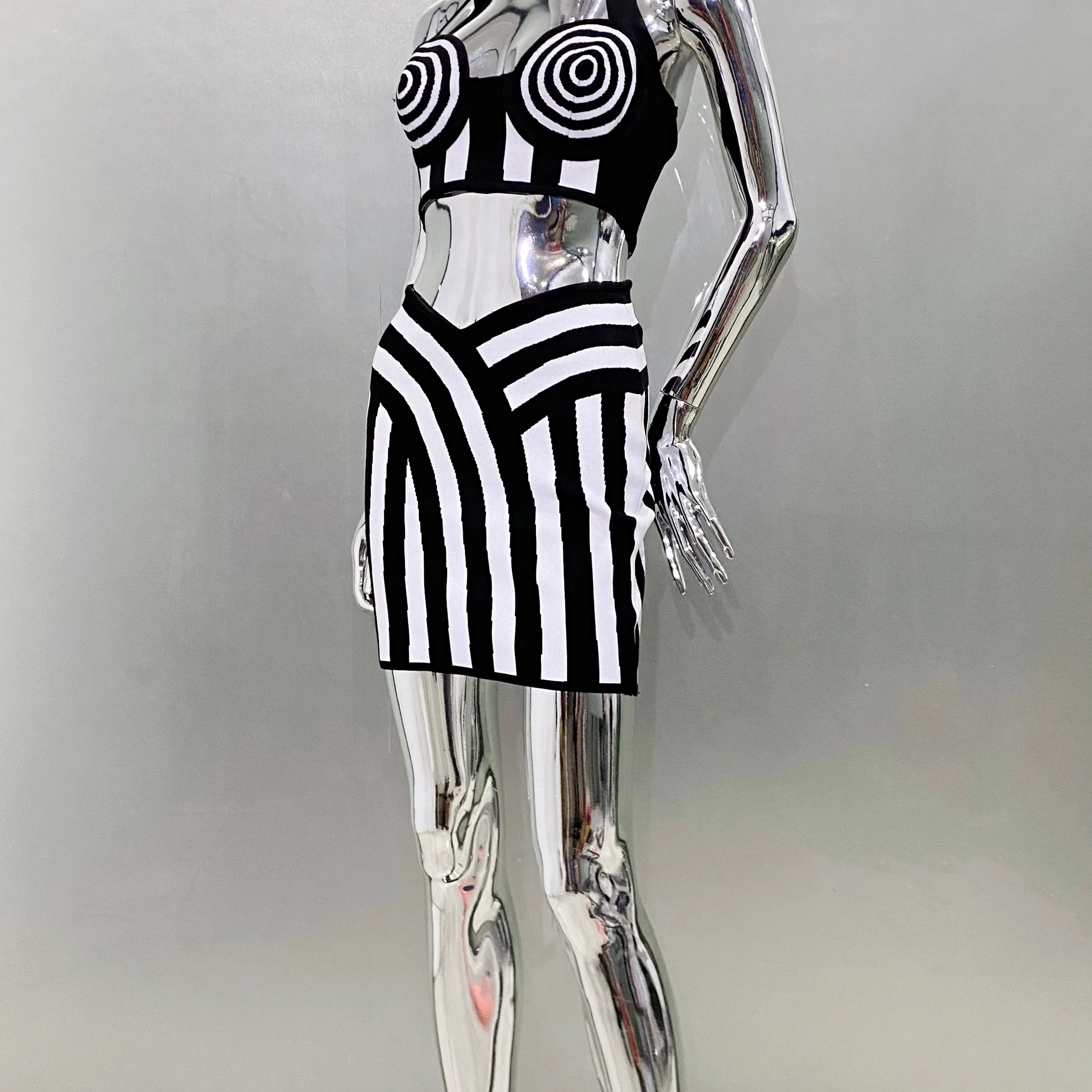 Women Sexy Halter Off the Shoulder 2 Pieces Bodycon Mini Bandage Dress Striped Nightclub Party Celebrate Birthday Dress