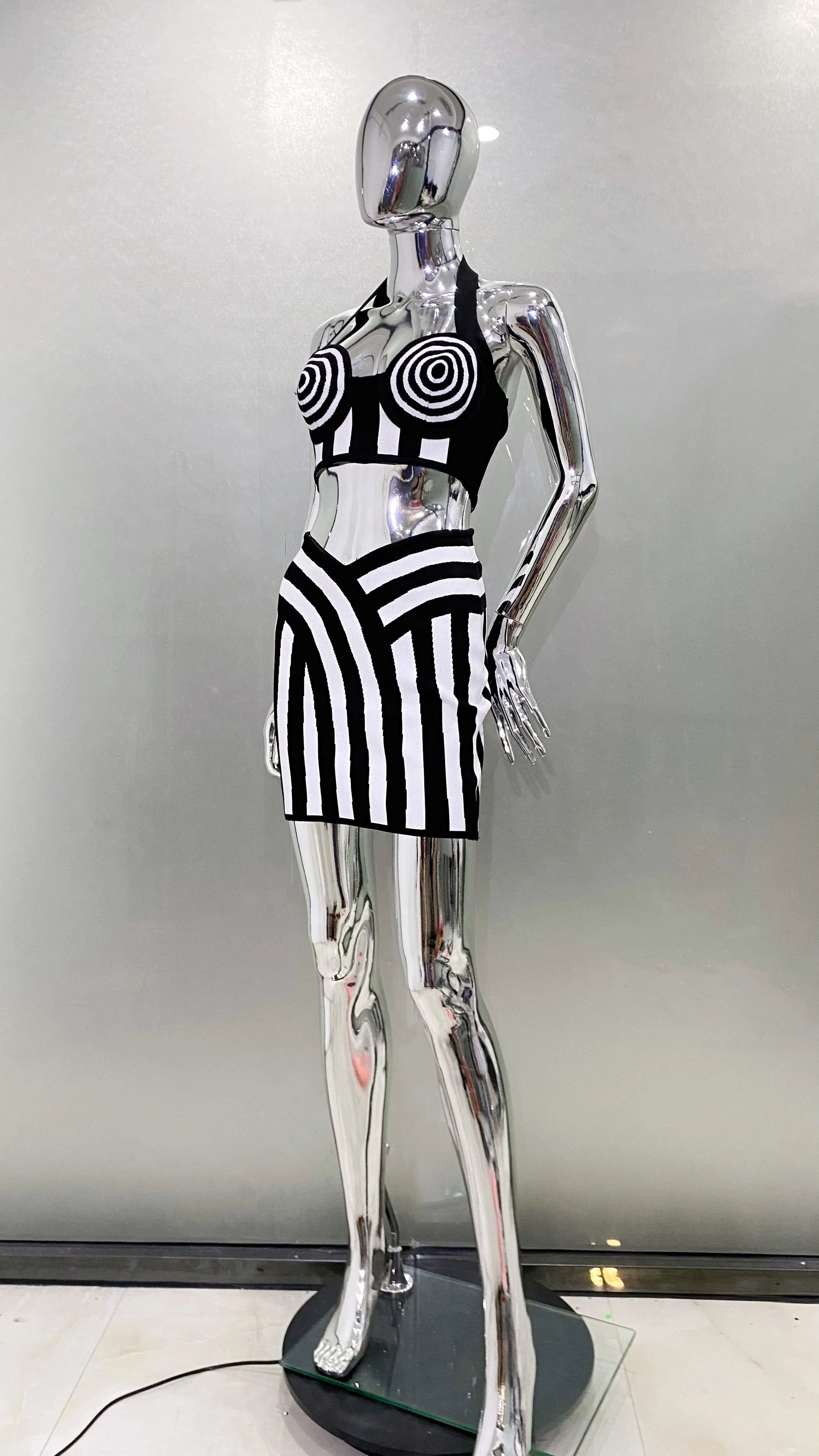 Women Sexy Halter Off the Shoulder 2 Pieces Bodycon Mini Bandage Dress Striped Nightclub Party Celebrate Birthday Dress