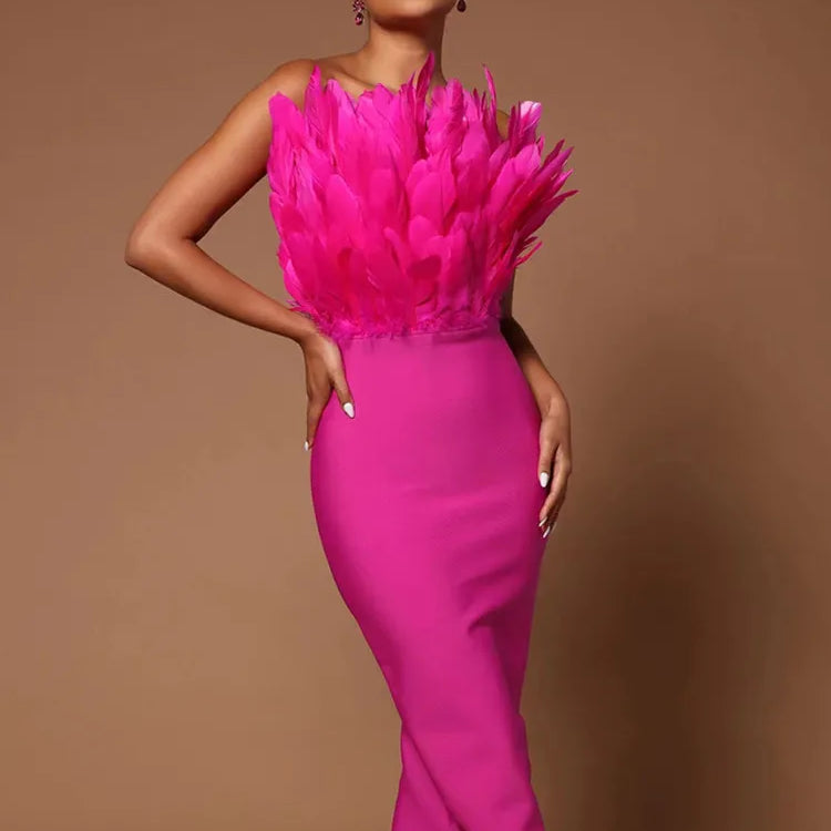 Summer Fashion Women Sexy Strapless Backless Brown Hot Pink Feather Bodycon Bandage Dress Elegant Evening Club Party Dress Rose Red