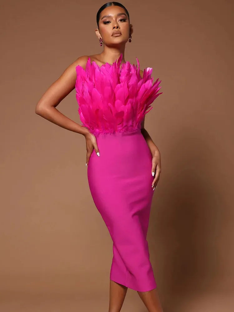 Summer Fashion Women Sexy Strapless Backless Brown Hot Pink Feather Bodycon Bandage Dress Elegant Evening Club Party Dress Rose Red