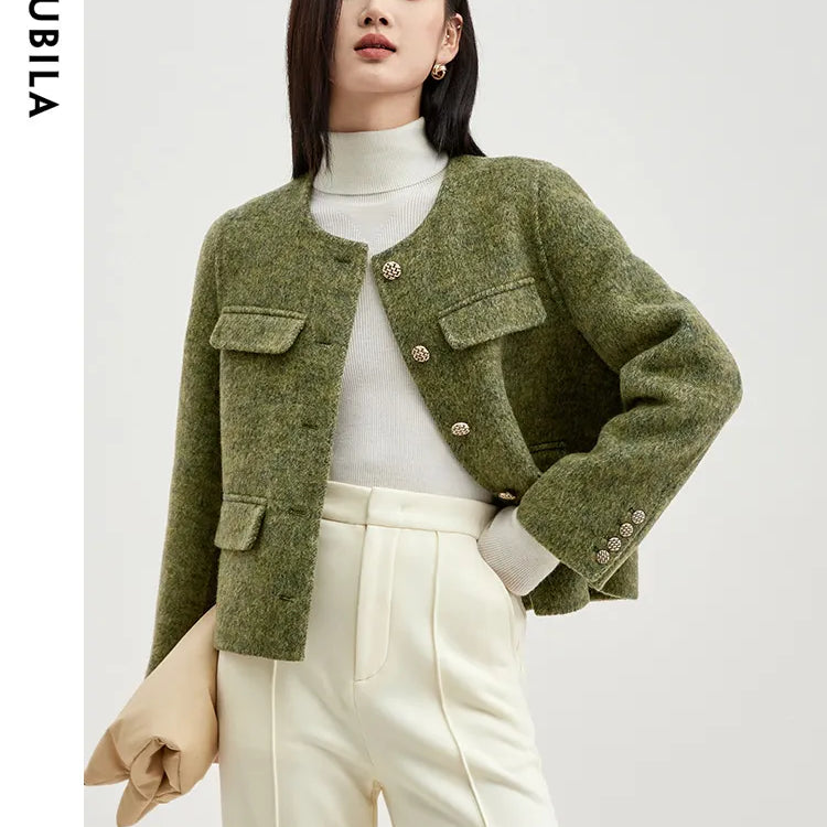 Winter Wool Blend Coats for Women Round Neck Long Sleeve Double-faced Woolen Cropped Jacket Elegant Outerwear