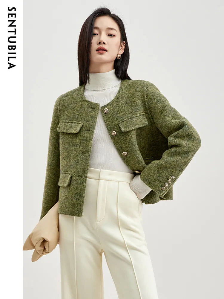 Winter Wool Blend Coats for Women Round Neck Long Sleeve Double-faced Woolen Cropped Jacket Elegant Outerwear