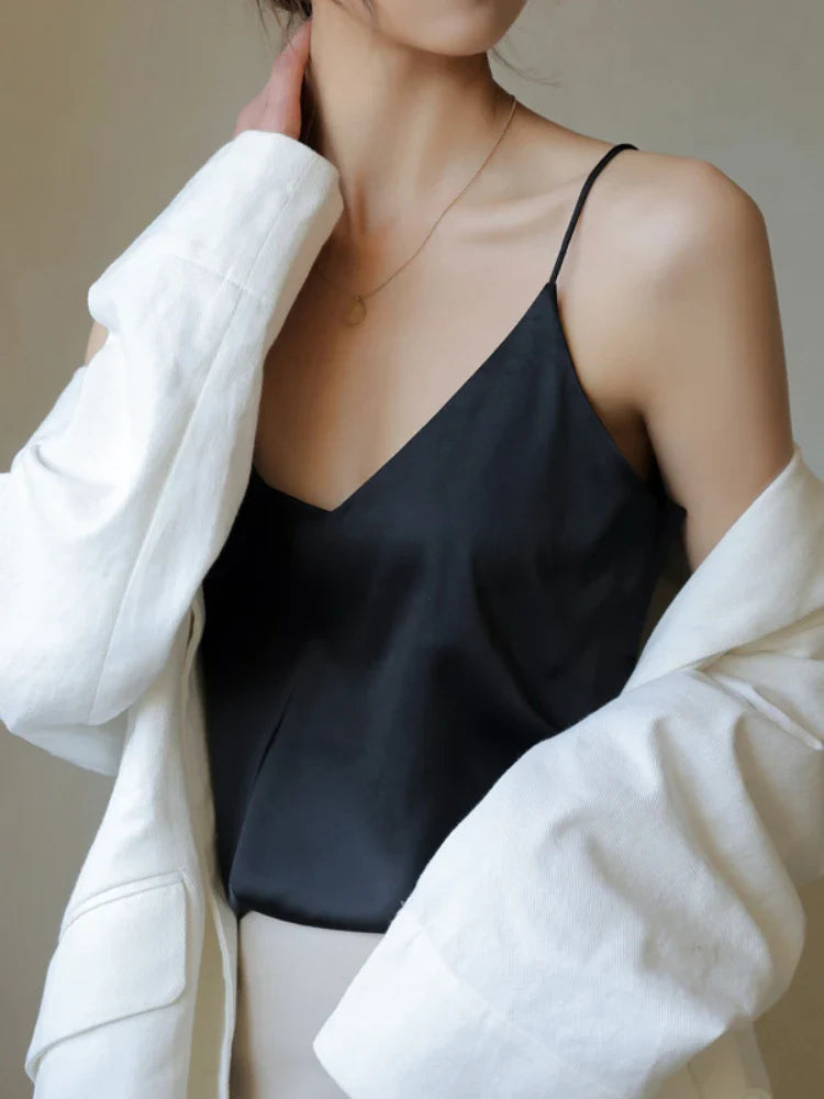 Grey Camisoles for Women Acetate SATIN Loose Summer Spaghetti Strap Tank Top Solid V-neck Fashion Sexy Backless Tanks & Camis Black