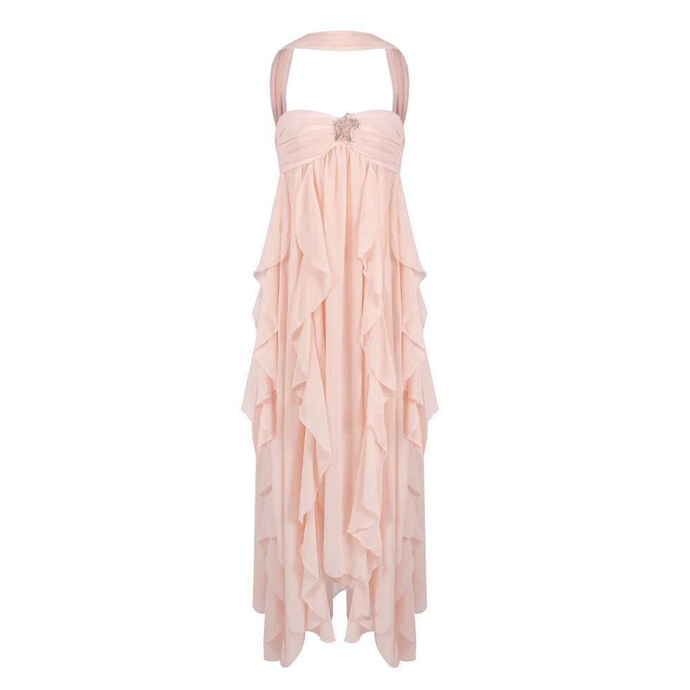 Soft Fashion Ruffle Halter Sleeveless Backless High Slit Dress for Wedding Summer Beach Gown Nude Pink