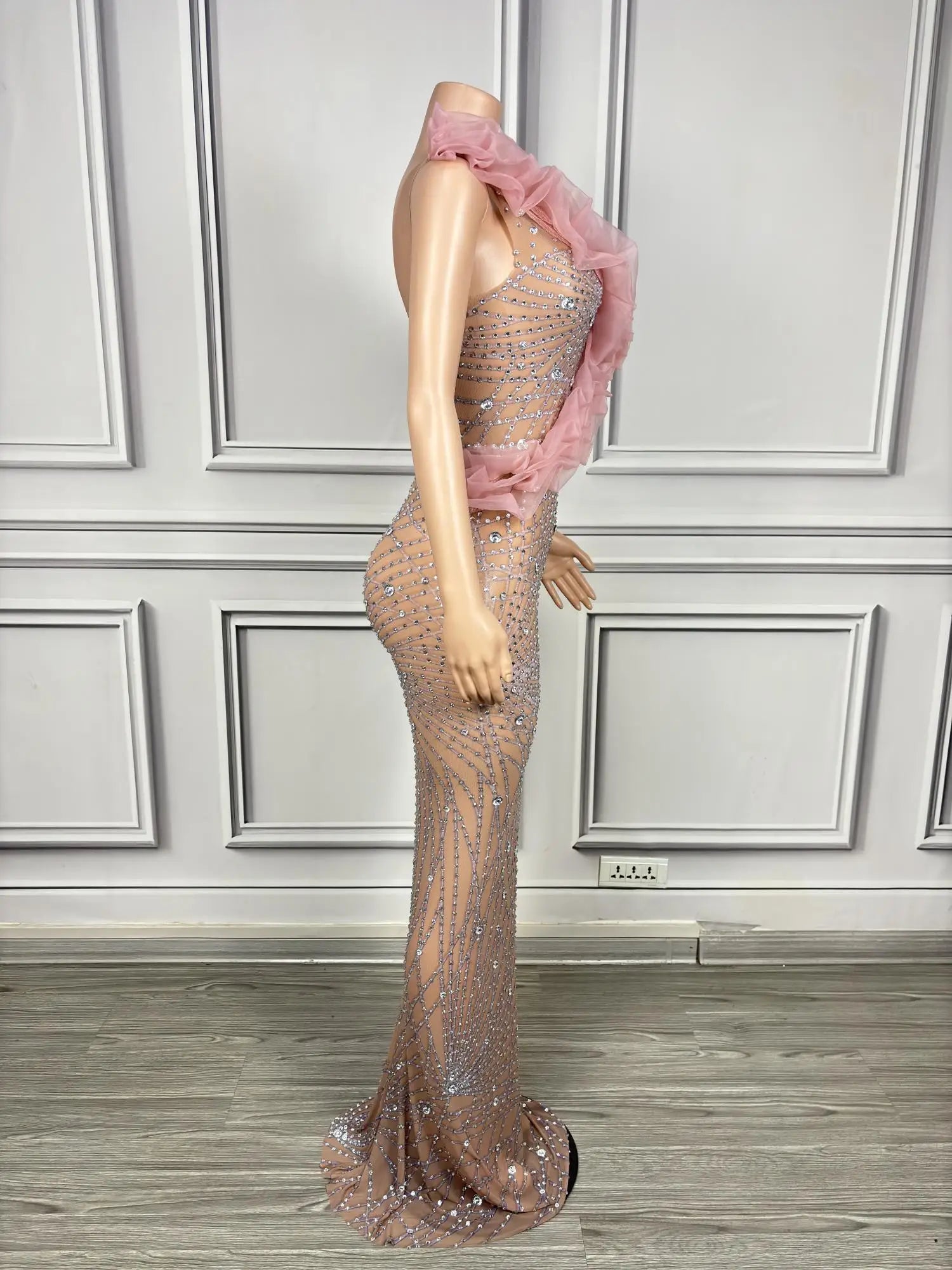 Elegant Ball Dress Sparkly Rhinestone Women Wedding Prom Birthday Party Evening Gown Sheer Mesh Luxury Sexy Maxi Dress Dousha