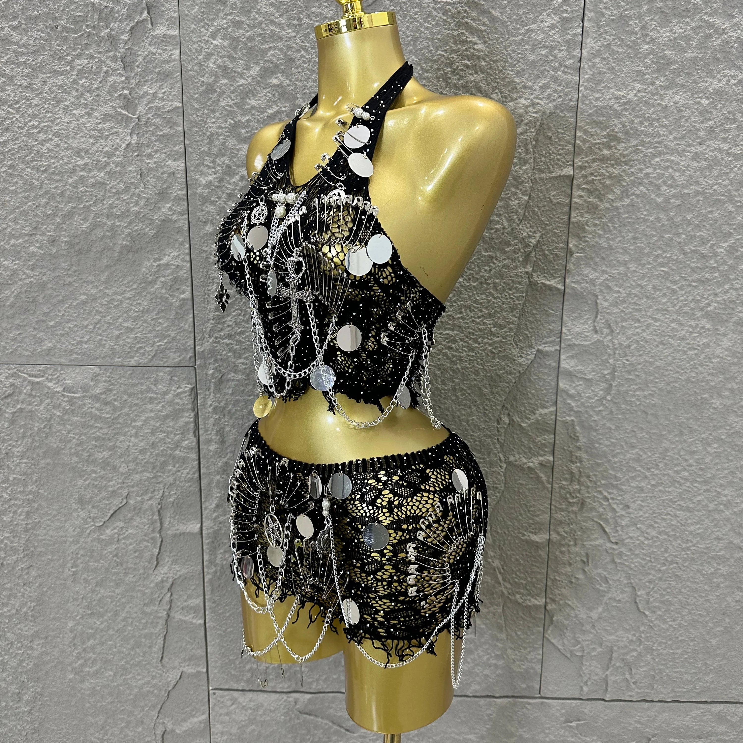 Women Sexy Safety Pin Lace Two Piece Set Halter Neck Sequin Embellished Crop Top & Mini Skirt Outfit Stage Performance Costume